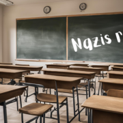 Ein leeres Klassenzimmer. Auf der Tafel steht: "Nazis raus!"